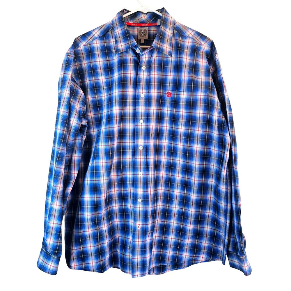 Cinch Mens Blue Plaid Long Sleeve Western Button Down Shirt Large Cotton Rodeo